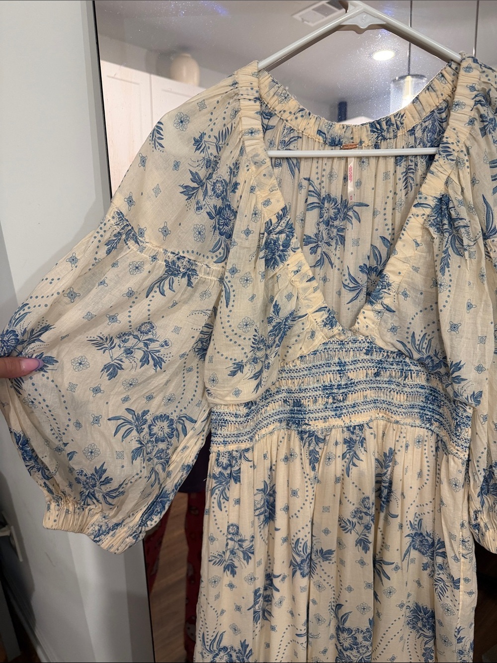 Free People Blue & Cream Floral Boho Maxi Dress Cottagecore Dress M - Picture 6 of 9